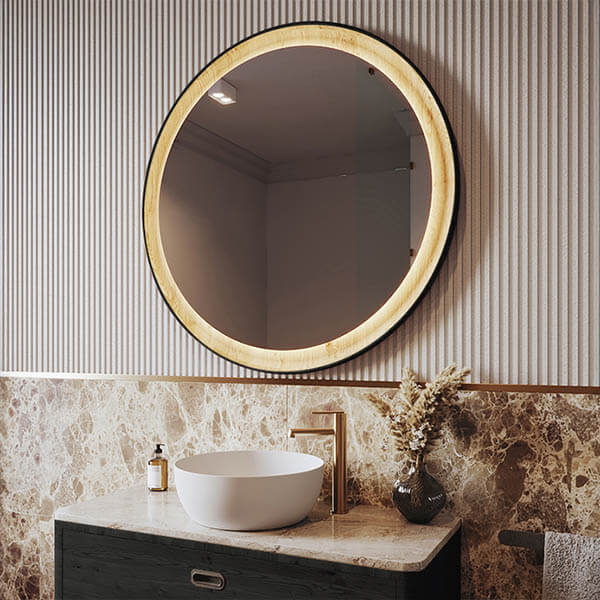 LED round mirror with wooden frame