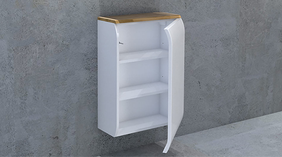 Wall-mounted bathroom cabinets with shelves and a countertop